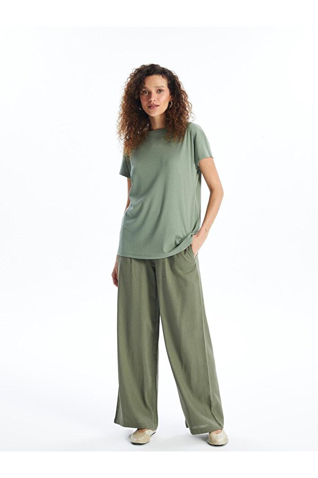 LCWAIKIKI Classic Elastic Waist Plain Linen Blended Women's Trousers