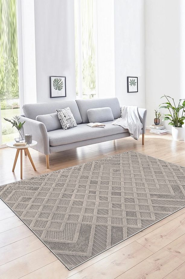 Salon Halısı Geometrik İskandinav Eskitmeli Dijital Baskı Yıkanabilir Kaymaz Taban  8147+ - 1