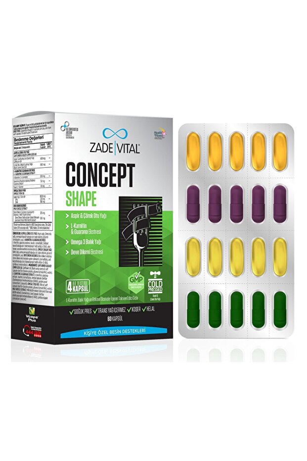 Concept Shape L-karnitin, Omega 3, Aspir, Çörek Otu, Guarana, Taurin Takviye Edici Gıda (60 Kapsül) - 1