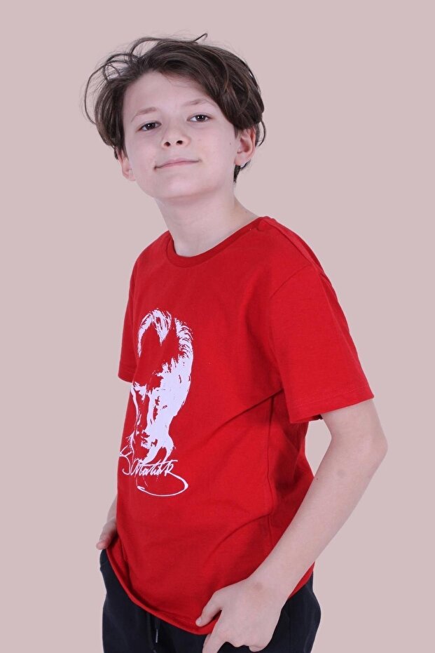 Colorful Printed Moon Star Ataturk Patterned Short Sleeve T-Shirt