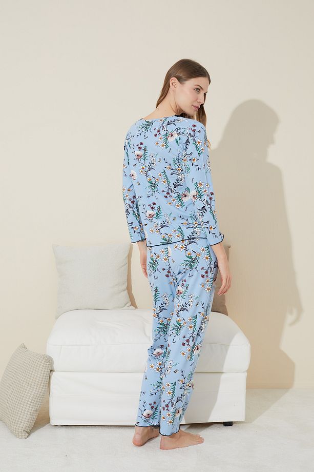 mavi çiçek desenli Pamuklu Örme Pijama Takım 24240105 - 3