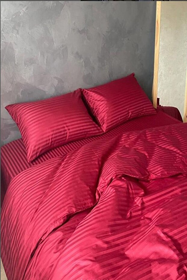 5 Star Luxury Hotel Type Double Elastic Striped Cotton Satin Duvet Cover Set Claret Red