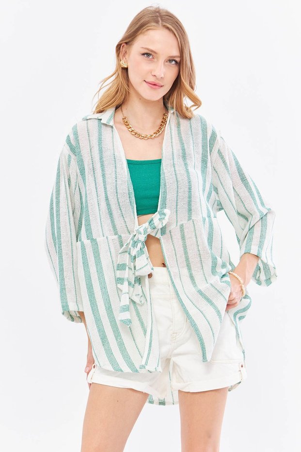 Dark Green Striped Women's Kimono Shirt - Front Tie ARM-24Y001091