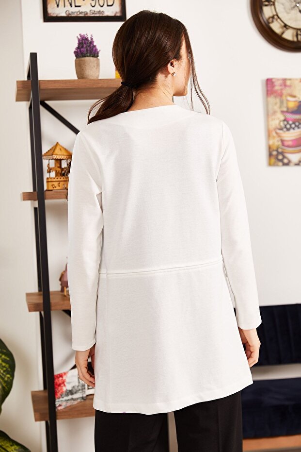 Ecru-Taillennaht-Langjacke für Damen ARM-18K001308 - 3