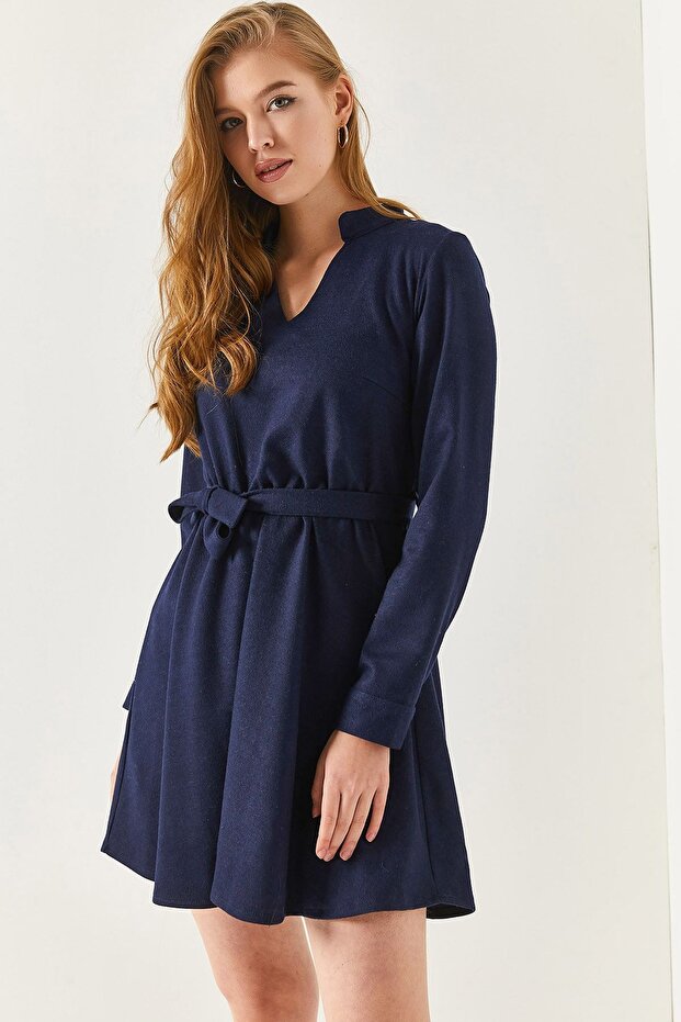 Women's V-neck Elastic Waist Tie-up Flared Dress