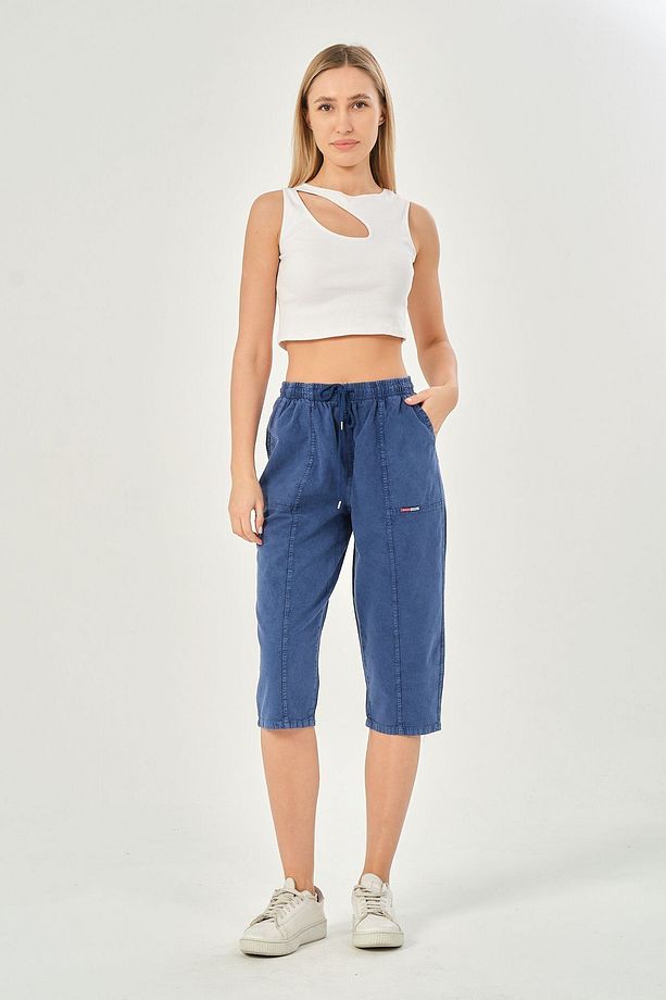 Bağcıklı Oversize Uzun Unisex Bermuda Şort Ham Bez Pamuklu Keten Kapri Şort - 5