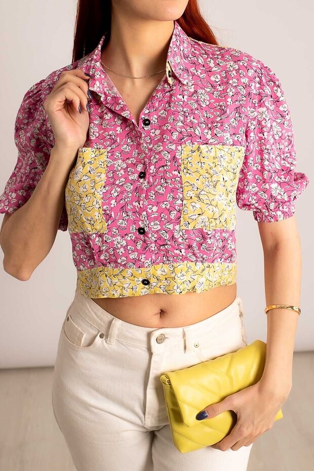 Women's Pink Sleeve Elastic Pocket Back Detailed Crop Shirt Arm-23y001006