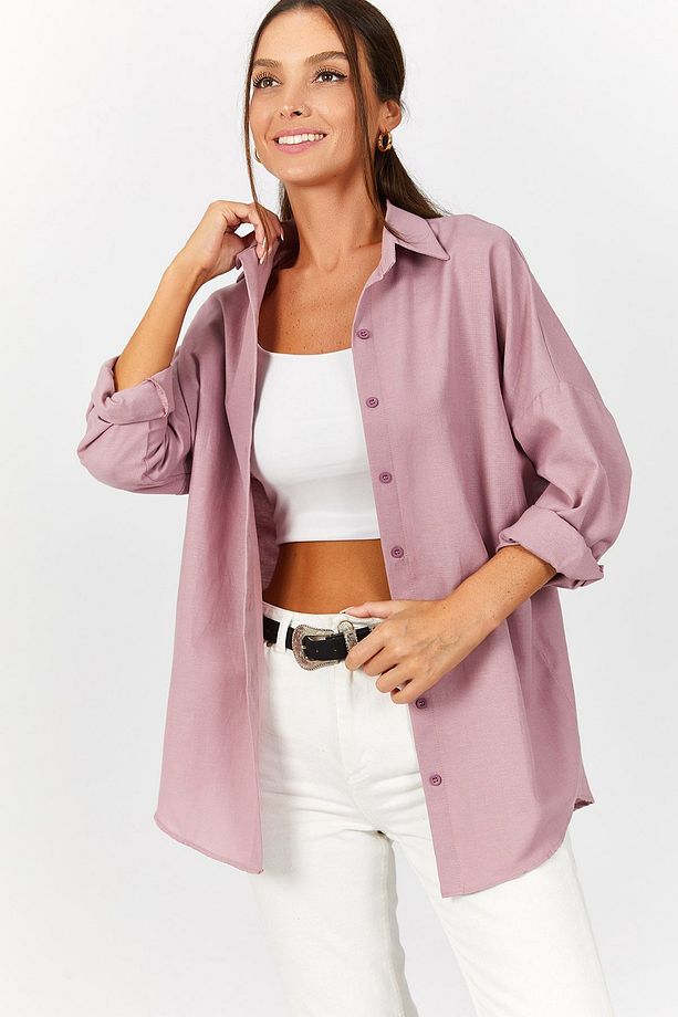 Kadın Pembe Oversize Uzun Basic Gömlek Arm-22y001118 - 2