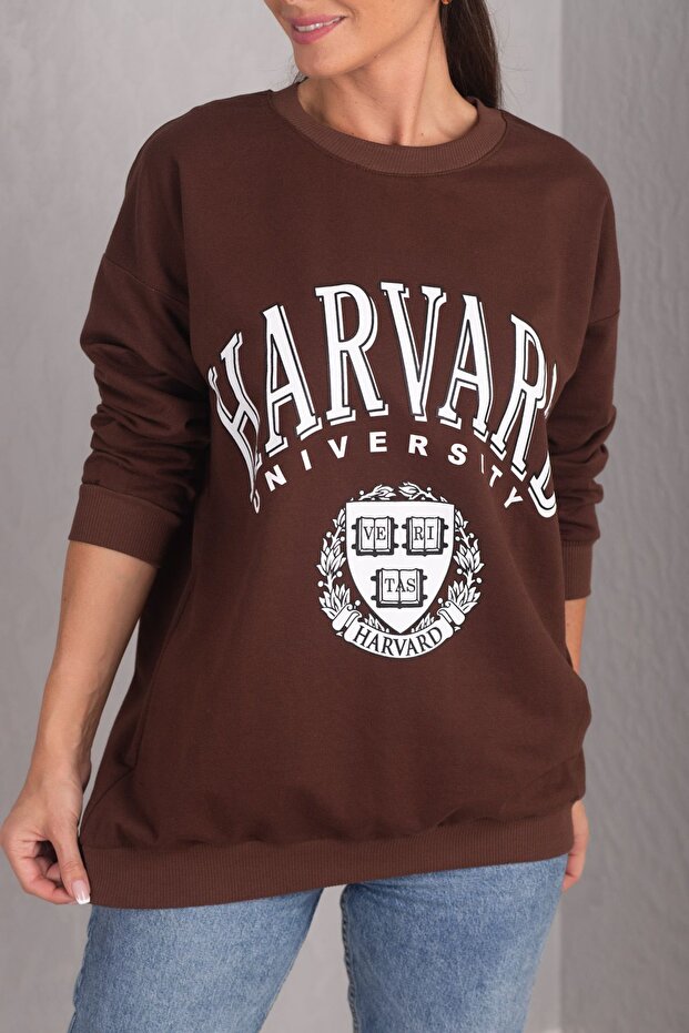 Women's Coffee Front Printed Round Neck Oversize Long Sleeve Sweatshirt ARM-24K024005