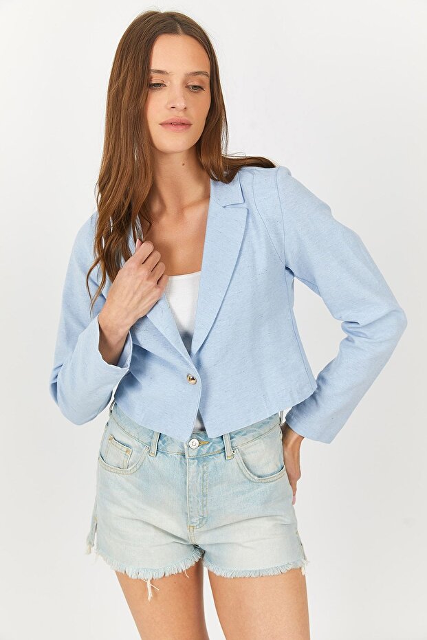 Kadın Bebe Mavi Tek Düğmeli Crop Ceket Arm-23y001064 - 3