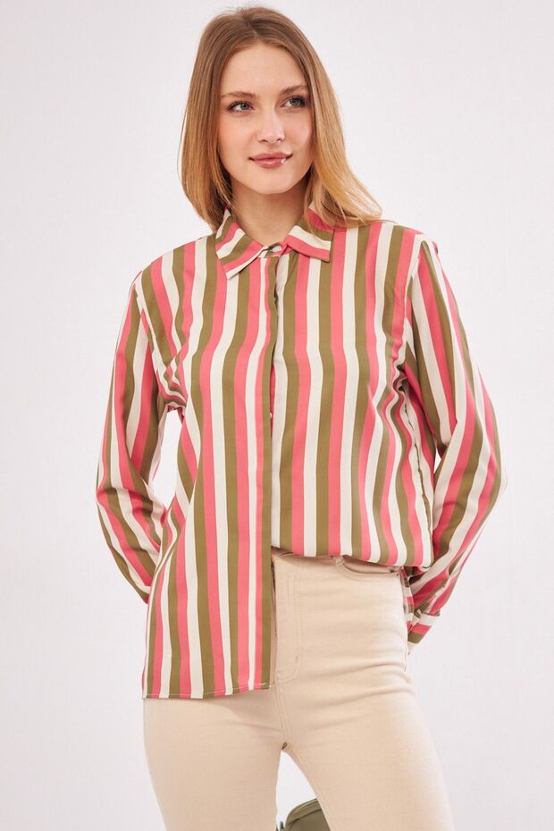 Women's Pink Pende Shirt with Hidden Placket and Wide Cuffs Striped ARM-24Y001025