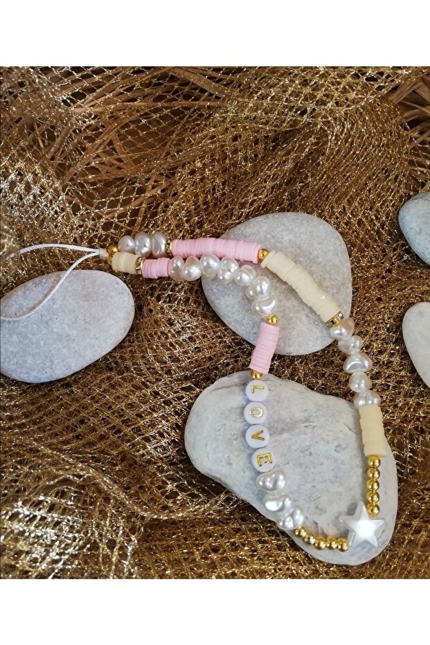 Written Phone Strap with Pearls Phone Charm Phone Lanyard Fimo Beaded Handmade