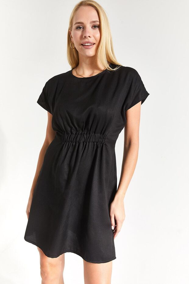 Women's Black Rubber Detailed Bat Sleeve Dress