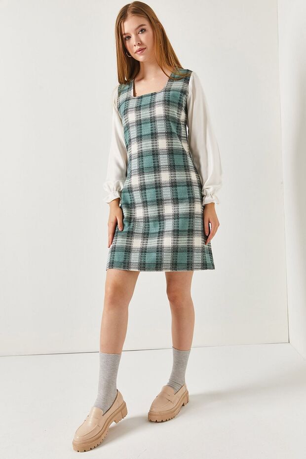 Women's Mint Plaid Square Collar Long Sleeve Dress ARM-22Y001182