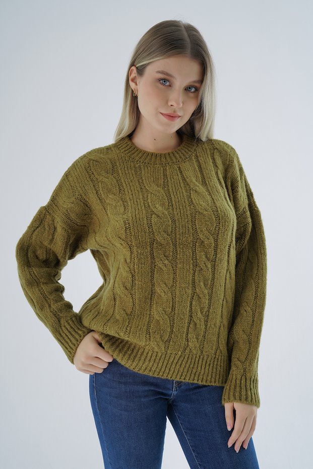 Women's Olive Oversize Crew Neck Hair Braided Wool Special Yarn Knitwear Knitted Sweater Trist-6167