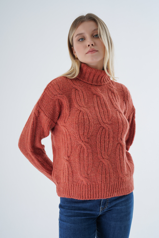 Women's Tile Oversize Turtleneck Thessaloniki Hair Braided Wool Special Yarn Knitwear Knitted Sweater Trist-6159