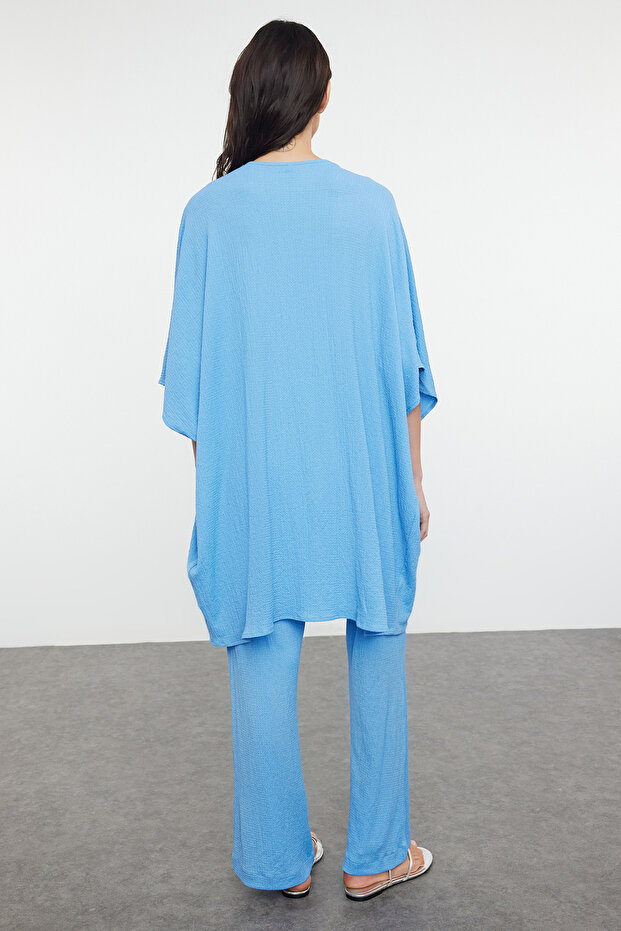 Mavi Dokuma Bürümcük Kimono Pantolon Plaj Takım TBESS23AU00149 - 5