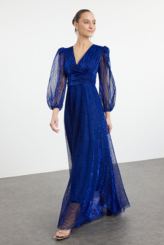 Cobalt Blue A-Cut Tulle Knitted Long Stylish Evening Dress Tprss24Ae00262