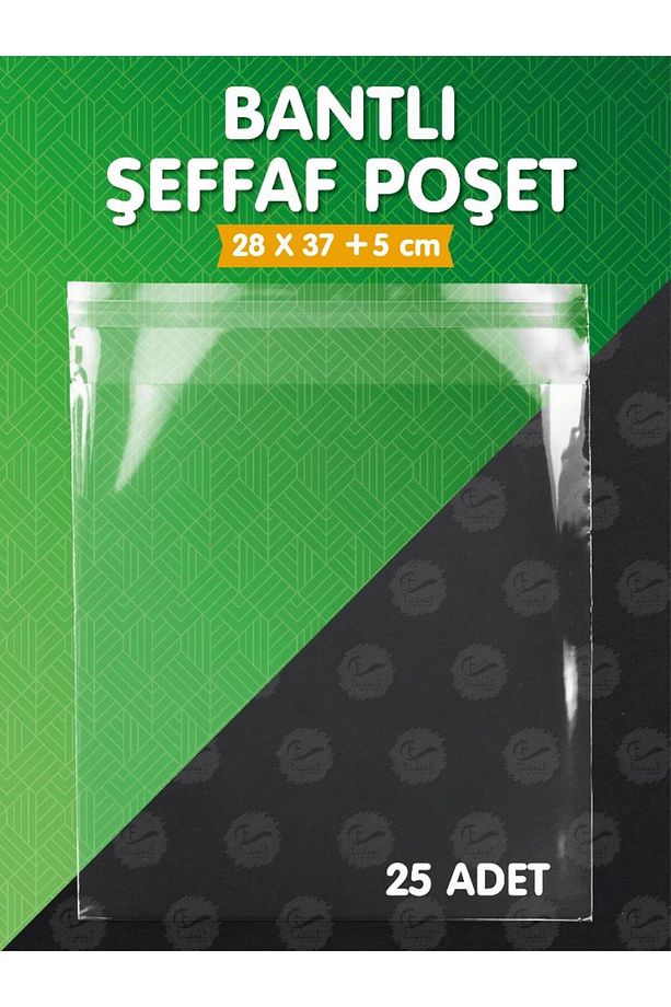 Bantlı Şeffaf Poşet (28x37+5cm)  25 Adet Parlak Jelatin Paket Hediye Poşeti -T994 - 1