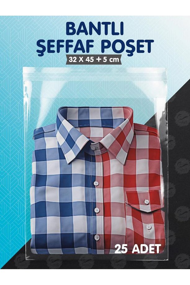 Bantlı Şeffaf Poşet (32x45+5 cm)  25 Adet Parlak Jelatin Paket Gömlek T-shirt Poşeti  Hediye Poşeti - 1