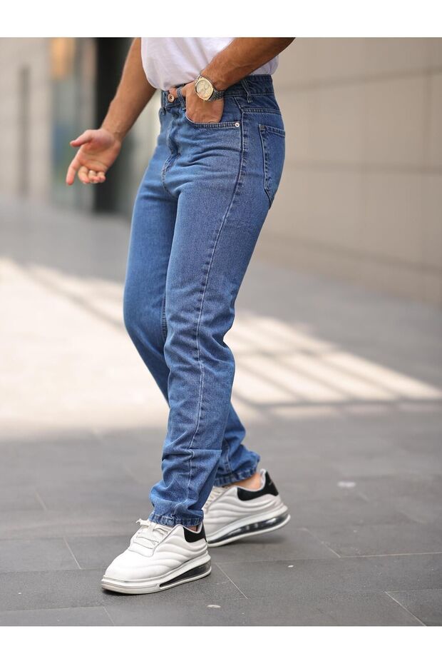 Erkek Salaş Bol Paça Basic Mavi Baggy Kot Pantolon - 1