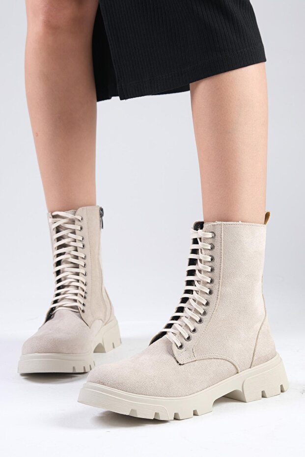 Beige Color Suede Lace-Up and Zippered Thick Soled Women's Boots