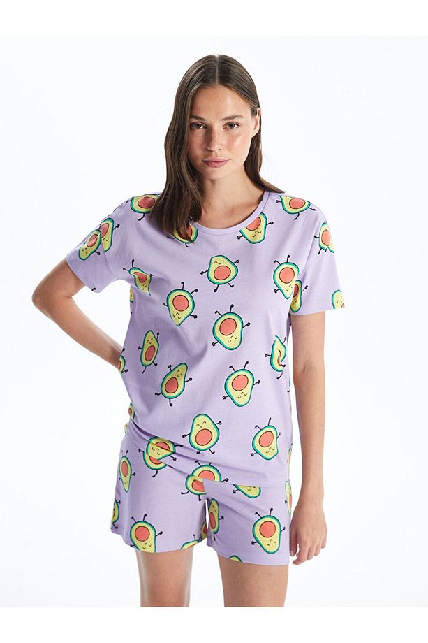 Bisiklet Yaka Desenli Kısa Kollu Kadın Şortlu Pijama Takımı - 2