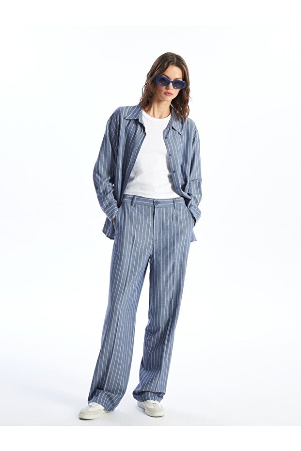 Standard Fit Striped Linen Blended Women's Trousers