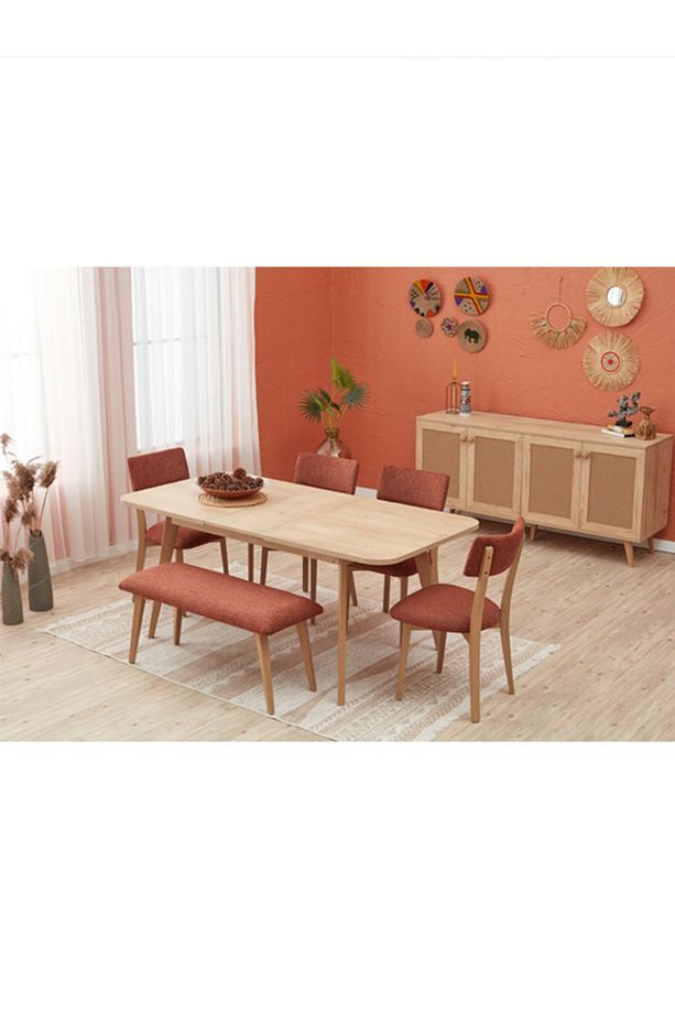 Bohem Yemek Odası Takımı 4 Sandalye 1 Bench Meşe Görünümlü Ve Ahşap Ayaklı - 1