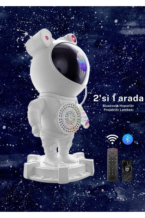 Astronot Robot Tasarım Bluetooth Hoparlörlü Gökyüzü Gece Lambası Projektör Zamanlama Kumandalı - 3