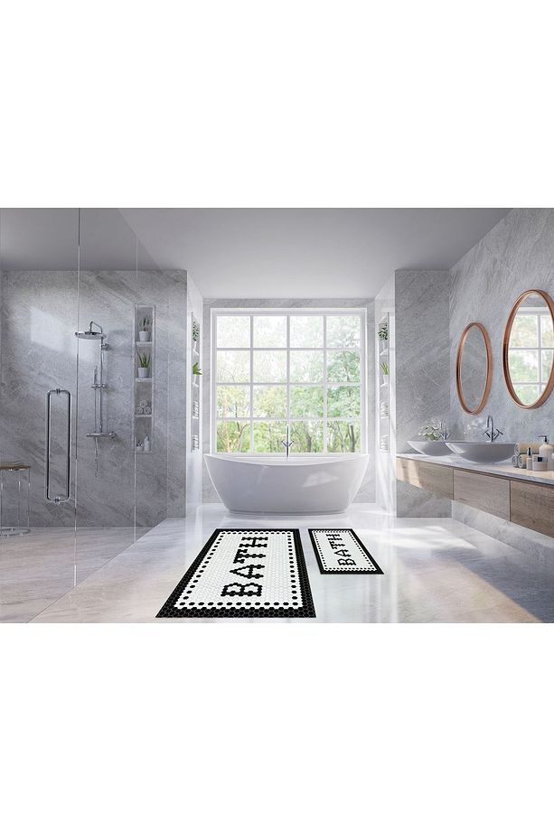Petek Desenli Dijital Baskı Dot Taban Banyo Halısı Paspası 2 Li Dbp-0002 - 3