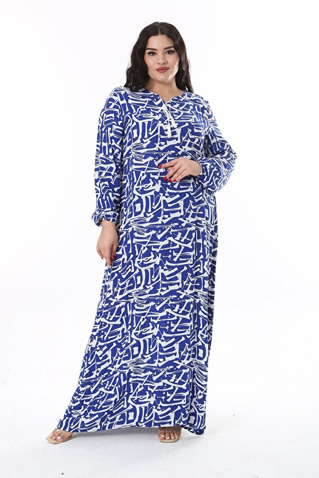 Women's Large Size Cobalt Blue Woven Viscose Fabric Long Sleeve Dress 65N38174