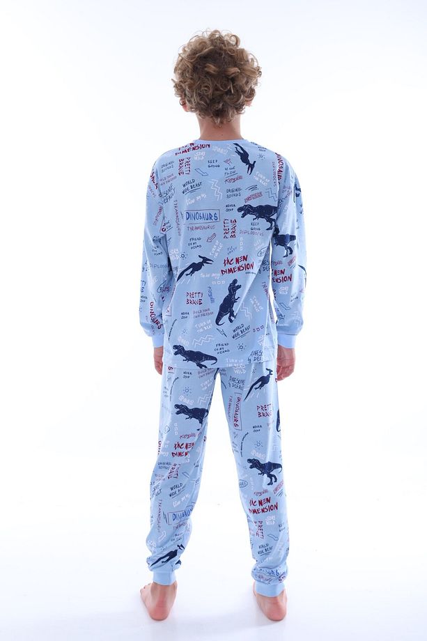 %100 Pamuk T-rex Dinozor Baskılı Uzun Kollu Erkek Çocuk Pijama Takımı (8,9,10,11,12,13 YAŞ) - 4