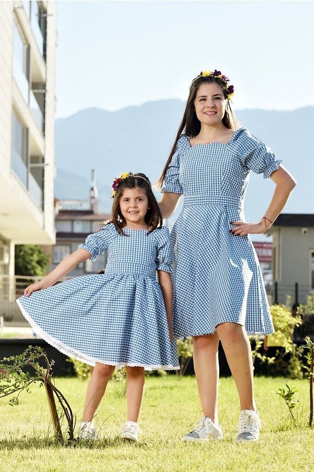 Eylul Elif Butik MAVİ Pitikare Anne Kız Elbise Kombinler (Anne - Çocuk Ayrı Satılmakta) - 2