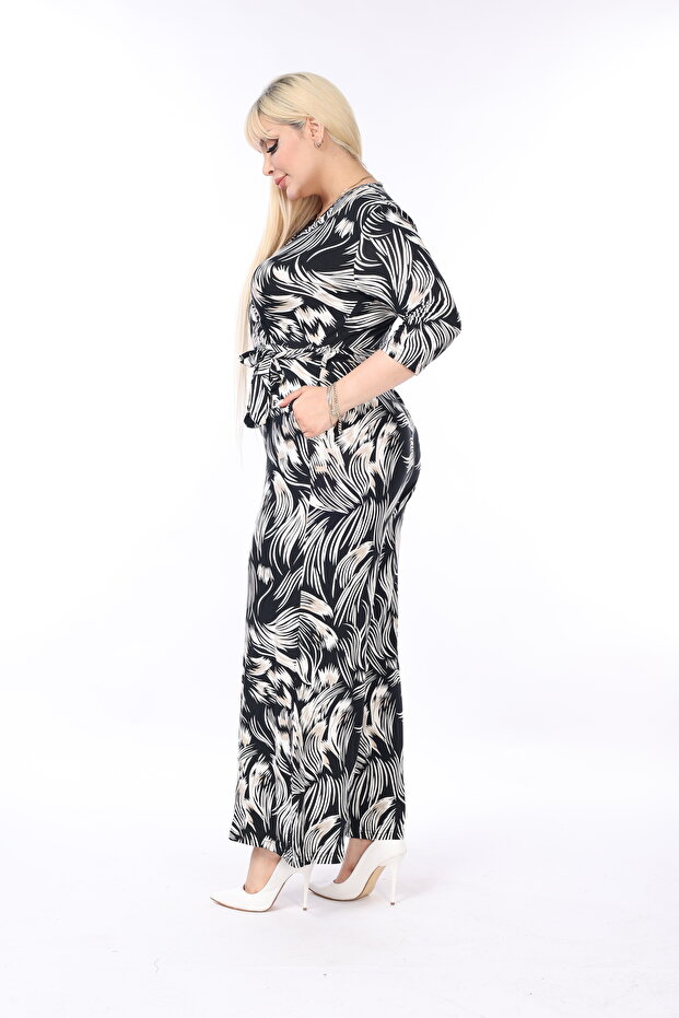 Kruvaze Yaka Desenli Örme Tulum - 8