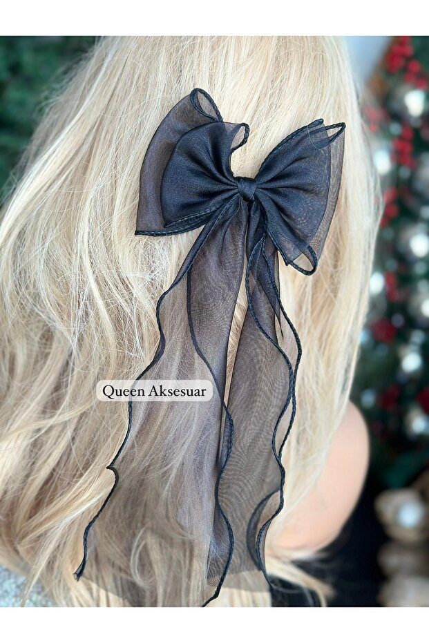 New Trend Organza Pendant Long Tail Bow Metal Clip Buckle Black