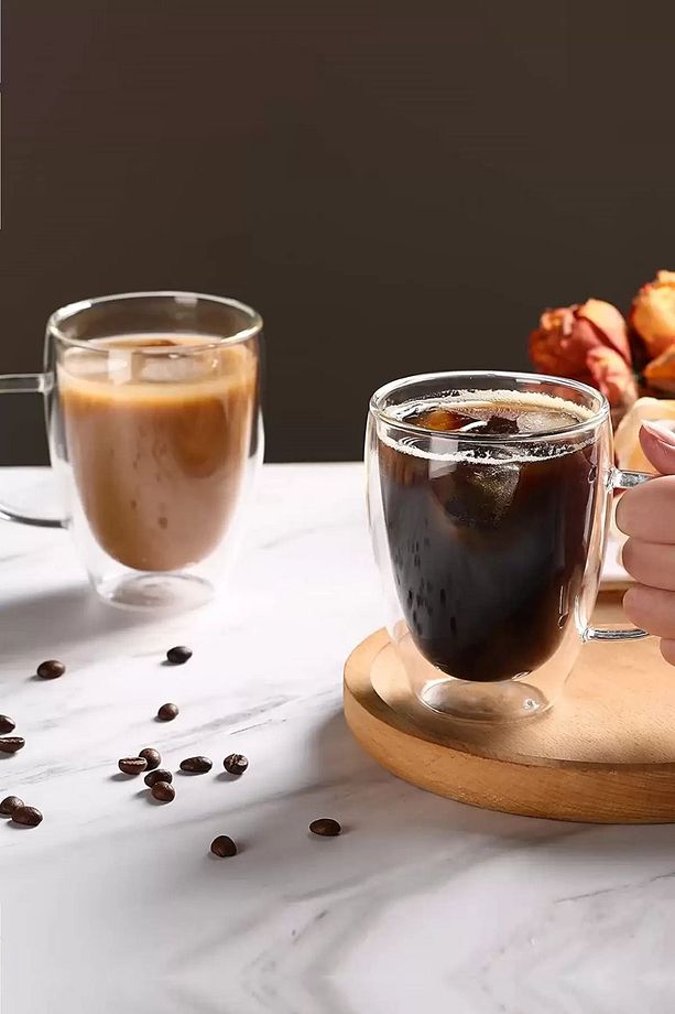 Çift Cidarlı Bardak 350 ml Ofis Ev Kahve Çay Fincanı Kupa Borosilikat Kulplu Cam Bardağı 1 Adet - 2