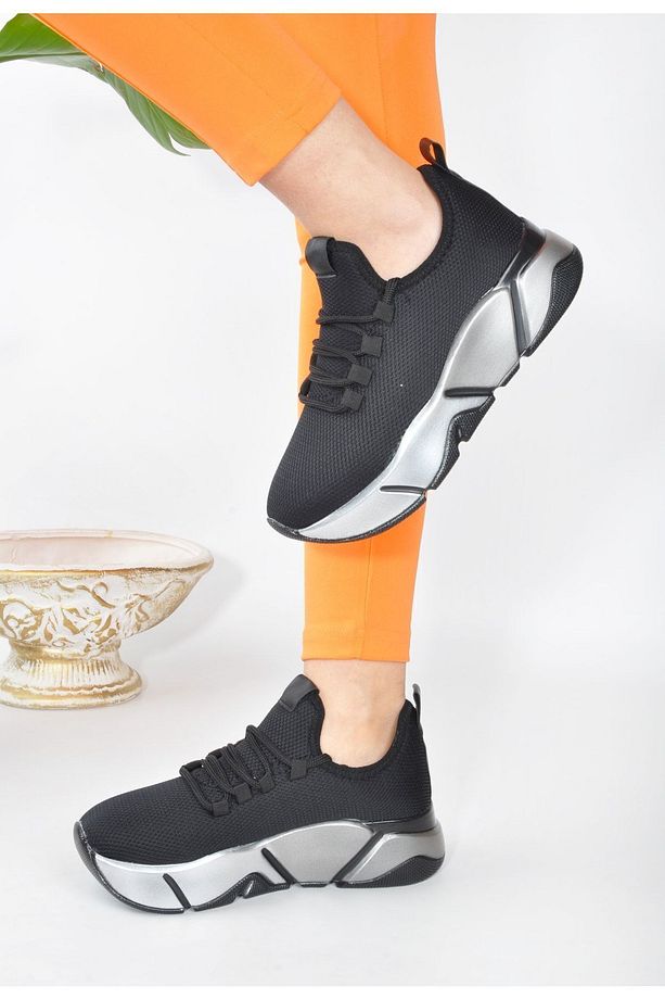 Siyah - Günlük Kadın Sneaker Bağcıklı Triko Esnek Hafif Ve Kalın Taban Yürüyüş Spor Ayakkabı - 1