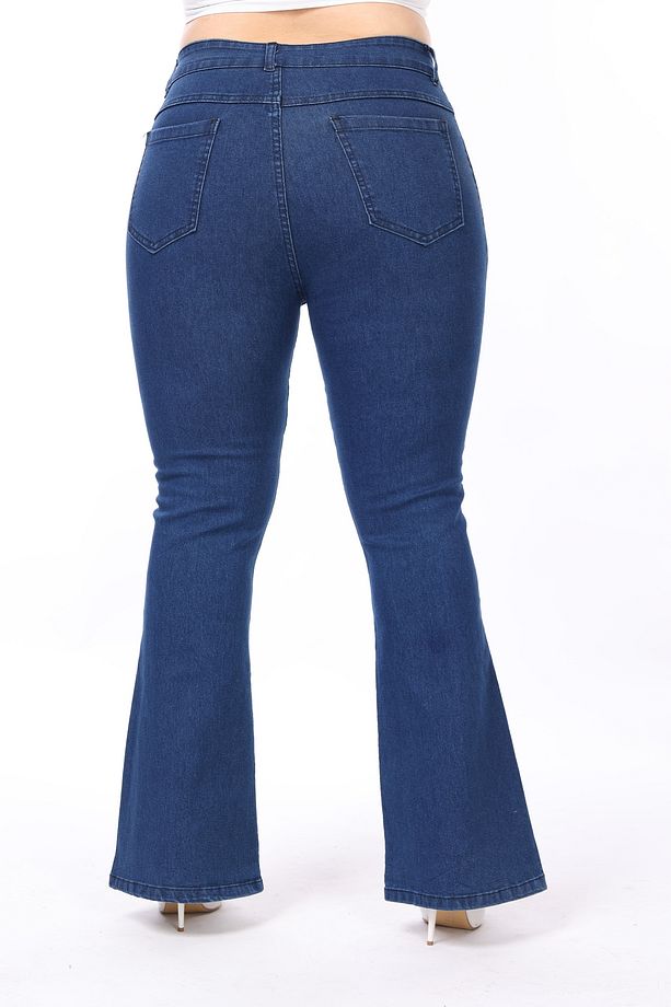 Mavi Yüksek Bel Esnek İspanyol Paça Denim Pantolon - 6