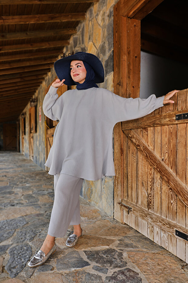 طقم موسلين رمادي كاجوال - 2