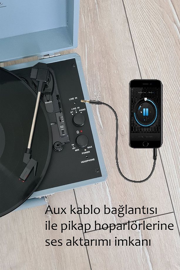 St14012 Retro Pikap Plak Çalar- Pudra Mavi - Bluetooth Ve Şarjlı - 3 Devir - Universal Iğneli - 5