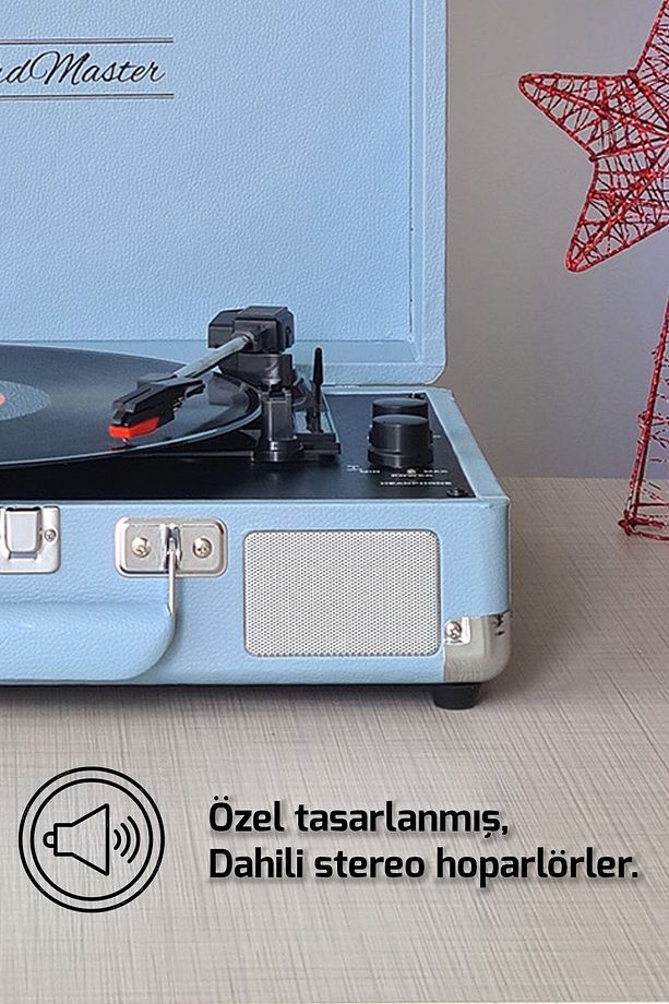 St14012 Retro Pikap Plak Çalar- Pudra Mavi - Bluetooth Ve Şarjlı - 3 Devir - Universal Iğneli - 7