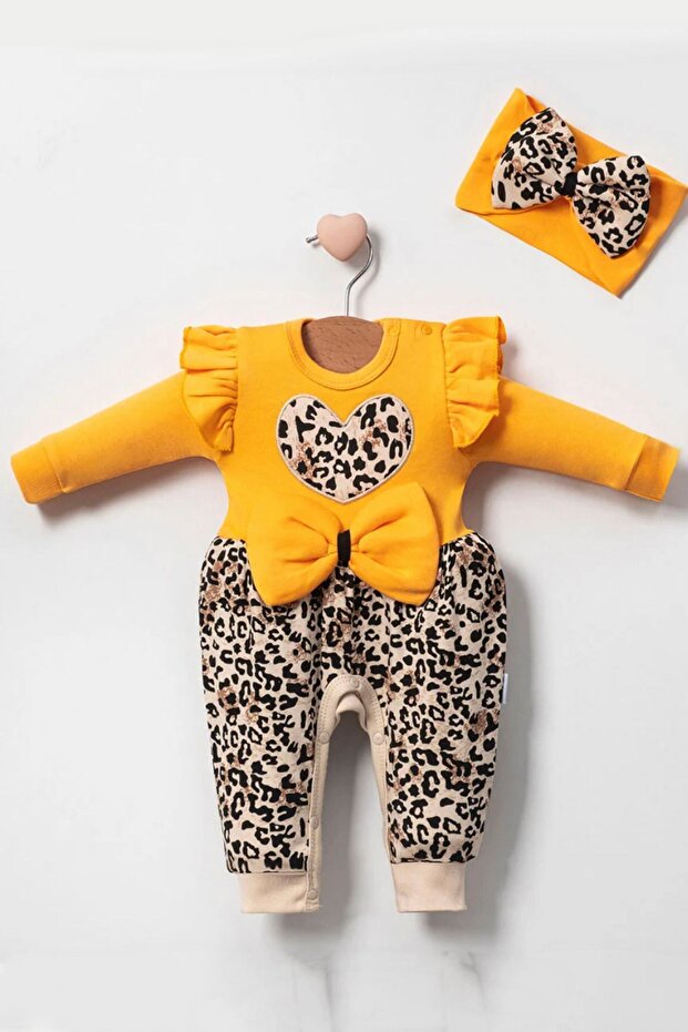Leopard Patterned Bowknot 100% Cotton Baby Girl Jumpsuit Yellow