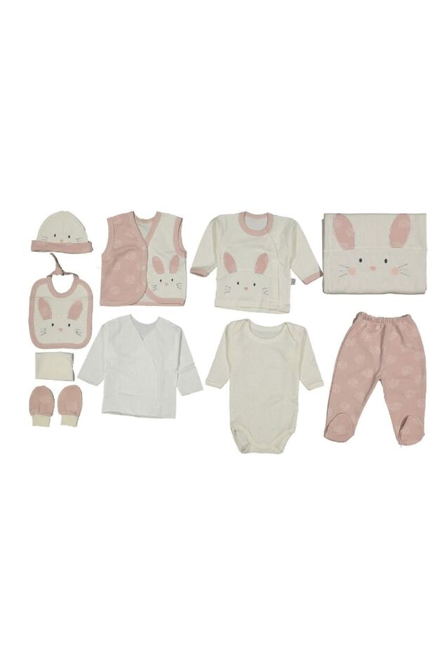 Gaye Bebe 100% Cotton Eared Rabbit Embroidered 10 Piece Hospital Release Bodysuit Set