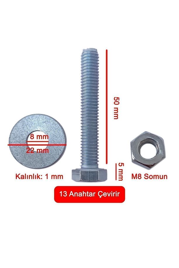 M8x100 Akb Anahtar Başlı Civata + Somun + Pul (1 Takım) - 4