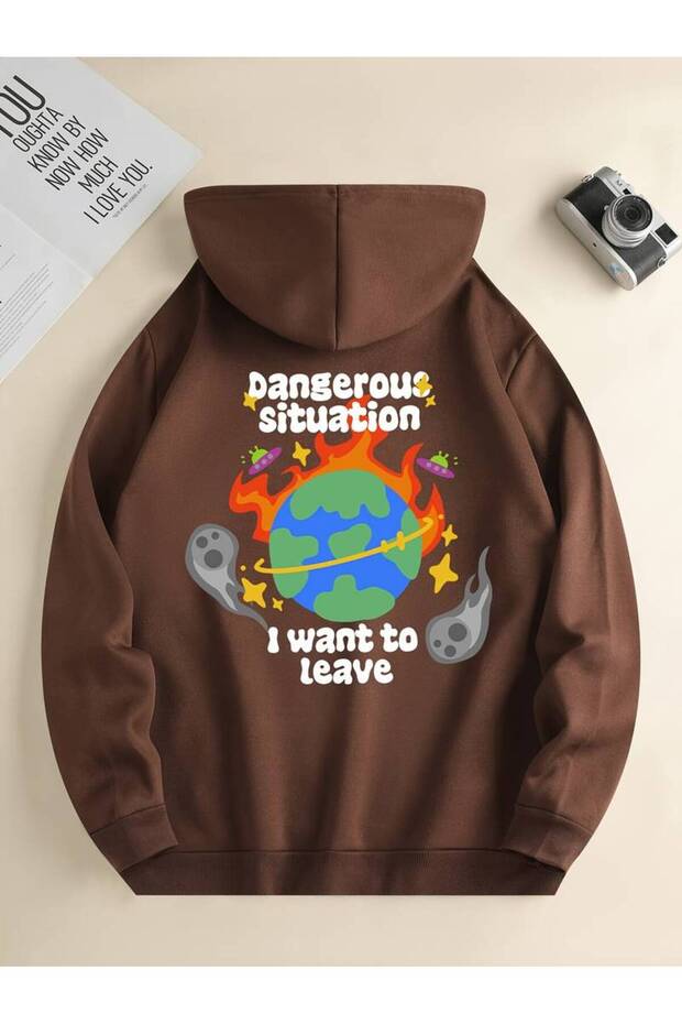 Unisex Dangerous Situation Printed Oversized Winter 3 Thread 100% Cotton K Hooded Sweatshirt Hoodie