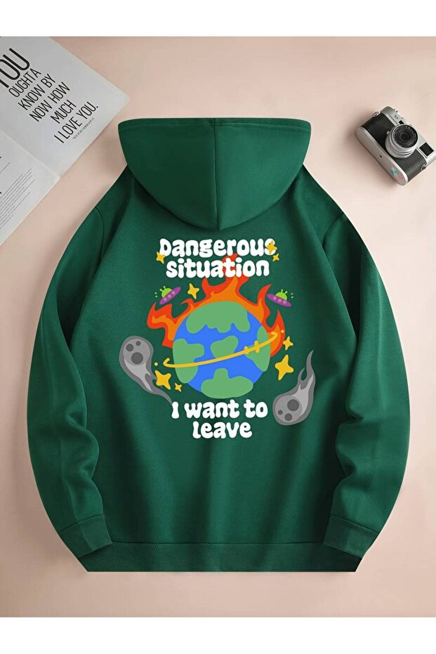 Unisex Dangerous Situation Printed Oversized Winter 3 Thread 100% Cotton K Hooded Sweatshirt Hoodie