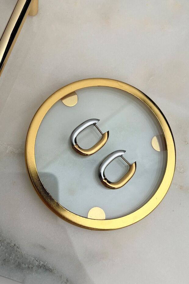 Çelik Iki Renkli Oval Küpe (2CM) - 1