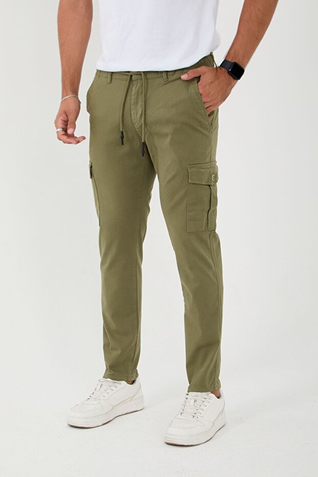 Men's Elastic Waist Cargo Pocket Casual Khaki Trousers