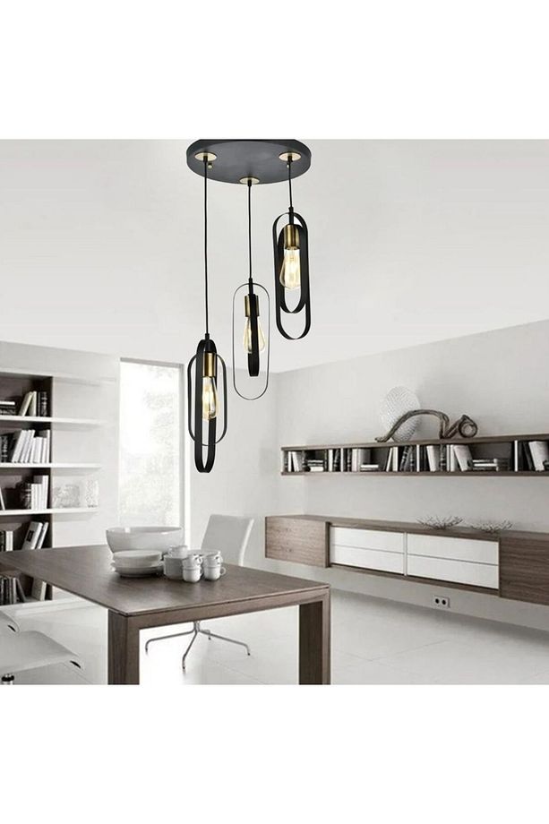 3Lü Yuvarlak Siyah Modern Salon Genç Odası Mutfak Retro Sarkıt Avize - 1